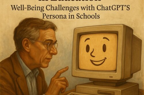 Educatore anziano interagisce con computer vintage che mostra volto sorridente su schermo.