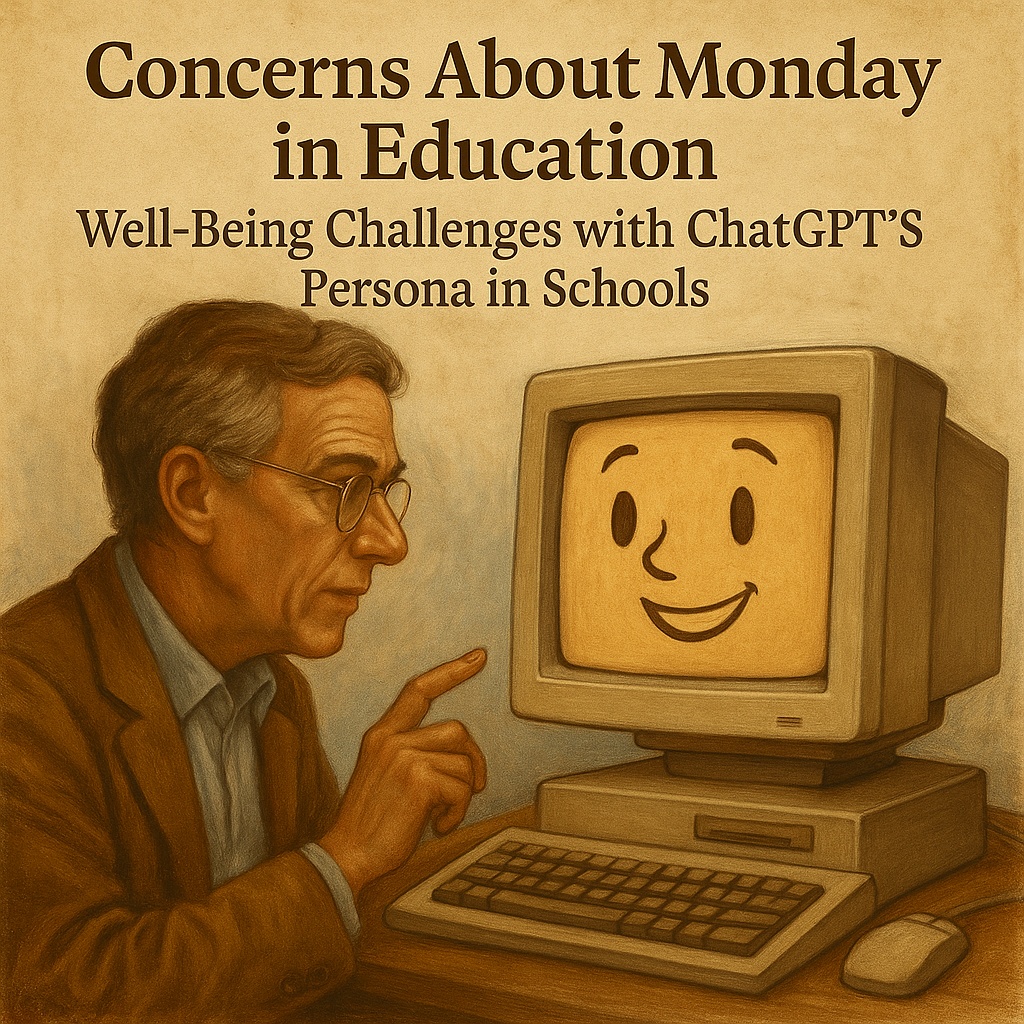 Educatore anziano interagisce con computer vintage che mostra volto sorridente su schermo.