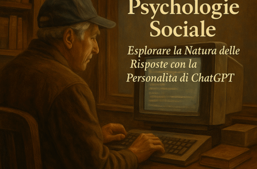 Anziano usa computer vintage con testo su psicologia sociale e ChatGPT sullo schermo.