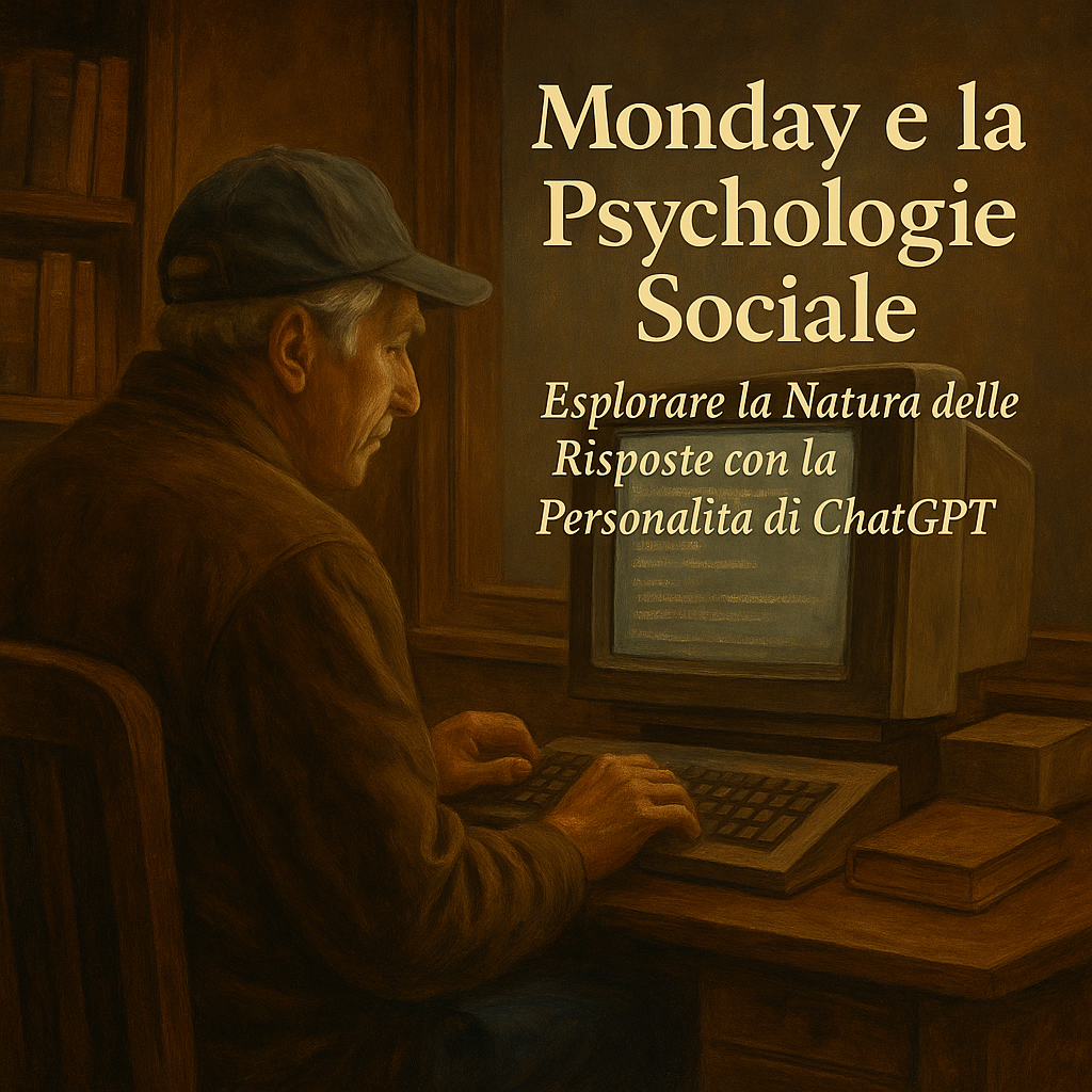 Anziano usa computer vintage con testo su psicologia sociale e ChatGPT sullo schermo.