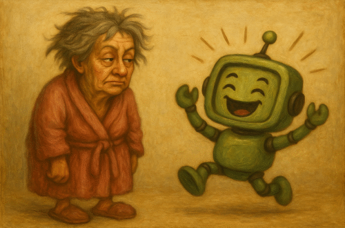 Donna anziana assonnata osserva robot verde sorridente ed entusiasta su sfondo beige.