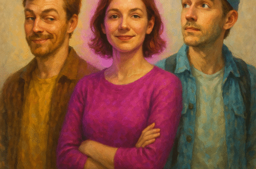 Ritratto di tre giovani sorridenti, donna al centro con maglia viola tra due uomini.