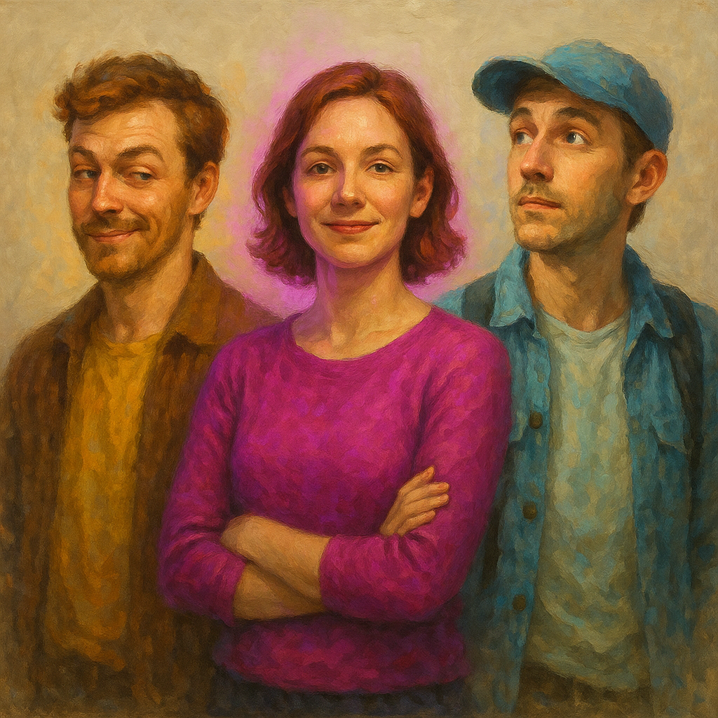 Ritratto di tre giovani sorridenti, donna al centro con maglia viola tra due uomini.