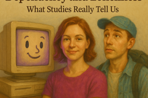 Due giovani vicino a computer vintage con volto sorridente e testo su amicizia e solitudine.