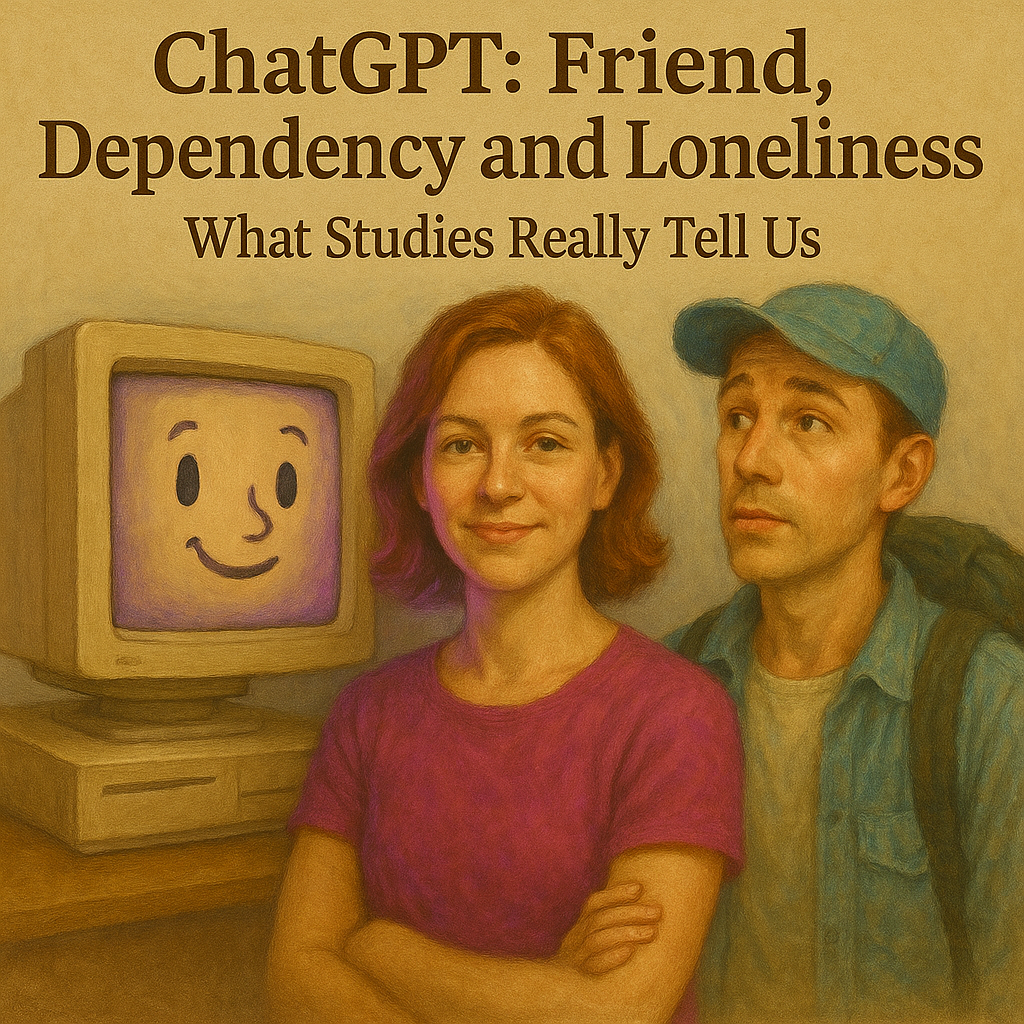 Due giovani vicino a computer vintage con volto sorridente e testo su amicizia e solitudine.