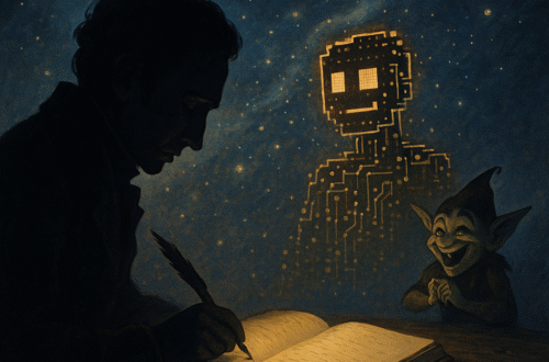 Scrittore al lume di candela scrive osservato da folletto e figura robotica digitale nel cielo stellato.