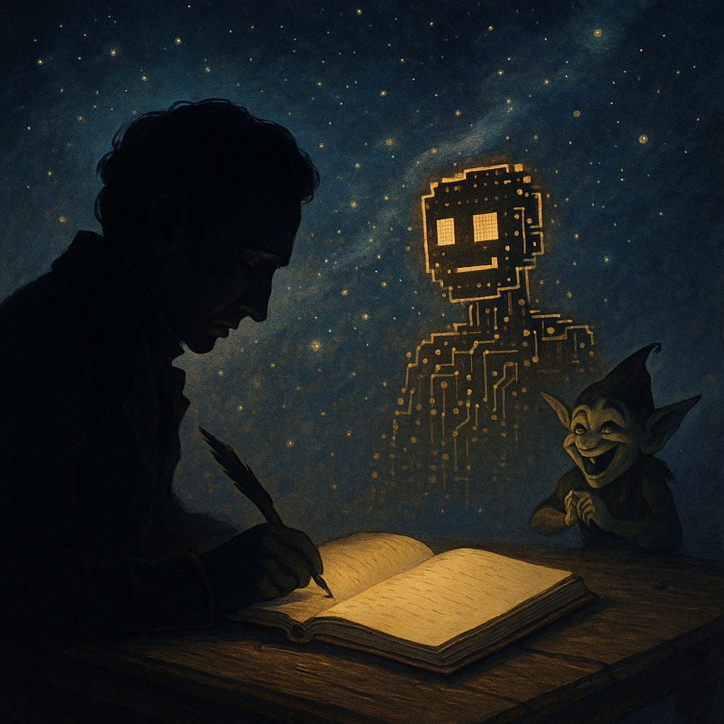 Scrittore al lume di candela scrive osservato da folletto e figura robotica digitale nel cielo stellato.