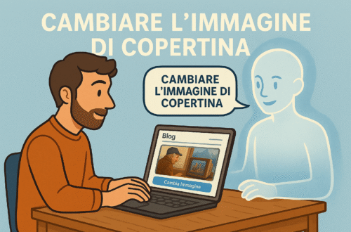 Uomo chiede aiuto a ChatGPT per cambiare immagine di copertina del blog su laptop.