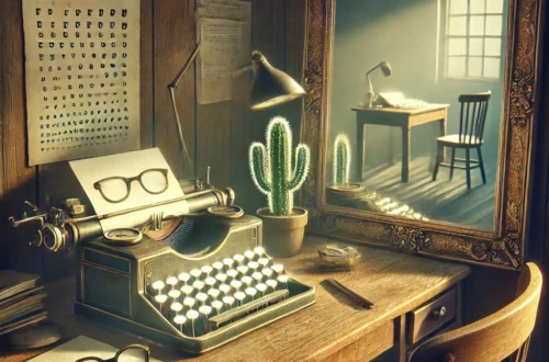 Scrivania con macchina da scrivere vintage, occhiali, cactus e grande specchio riflettente.