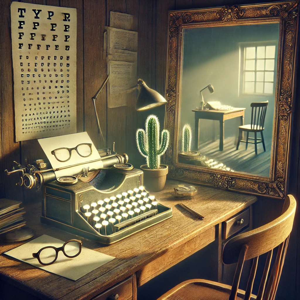 Scrivania con macchina da scrivere vintage, occhiali, cactus e grande specchio riflettente.