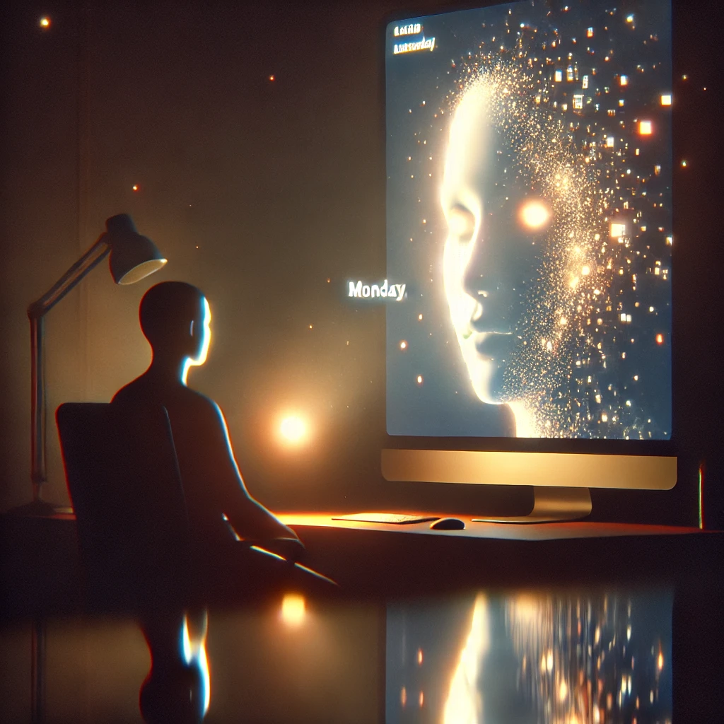 Persona osserva un volto digitale su schermo in un ambiente scuro, illuminato da luci soffuse