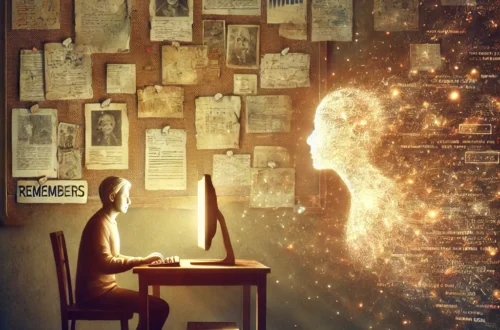 Uomo al computer evoca figura digitale tra ricordi appesi al muro, simbolo della memoria dell’intelligenza artificiale