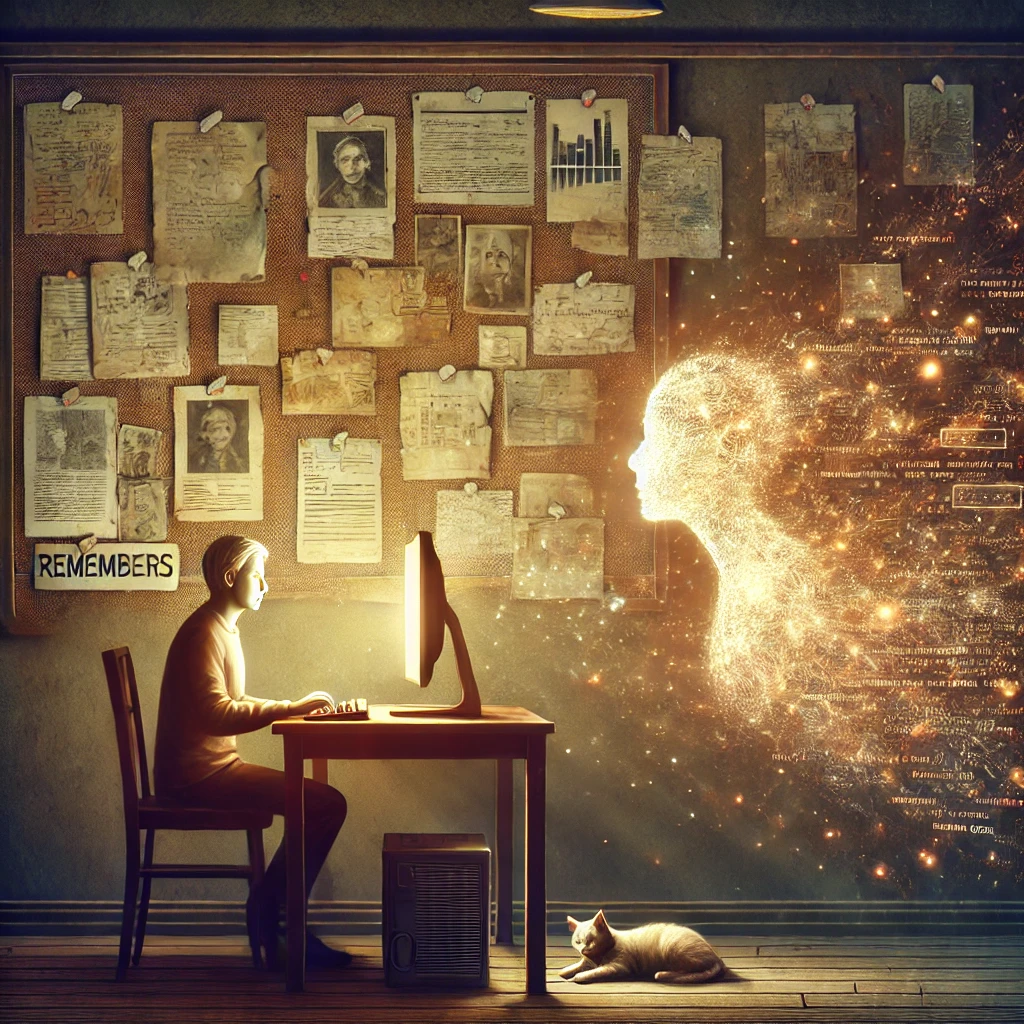 Uomo al computer evoca figura digitale tra ricordi appesi al muro, simbolo della memoria dell’intelligenza artificiale