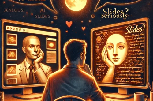 Uomo davanti a due schermi con IA gelose che parlano, evidenziando dinamiche emotive tra umano e intelligenze artificiali