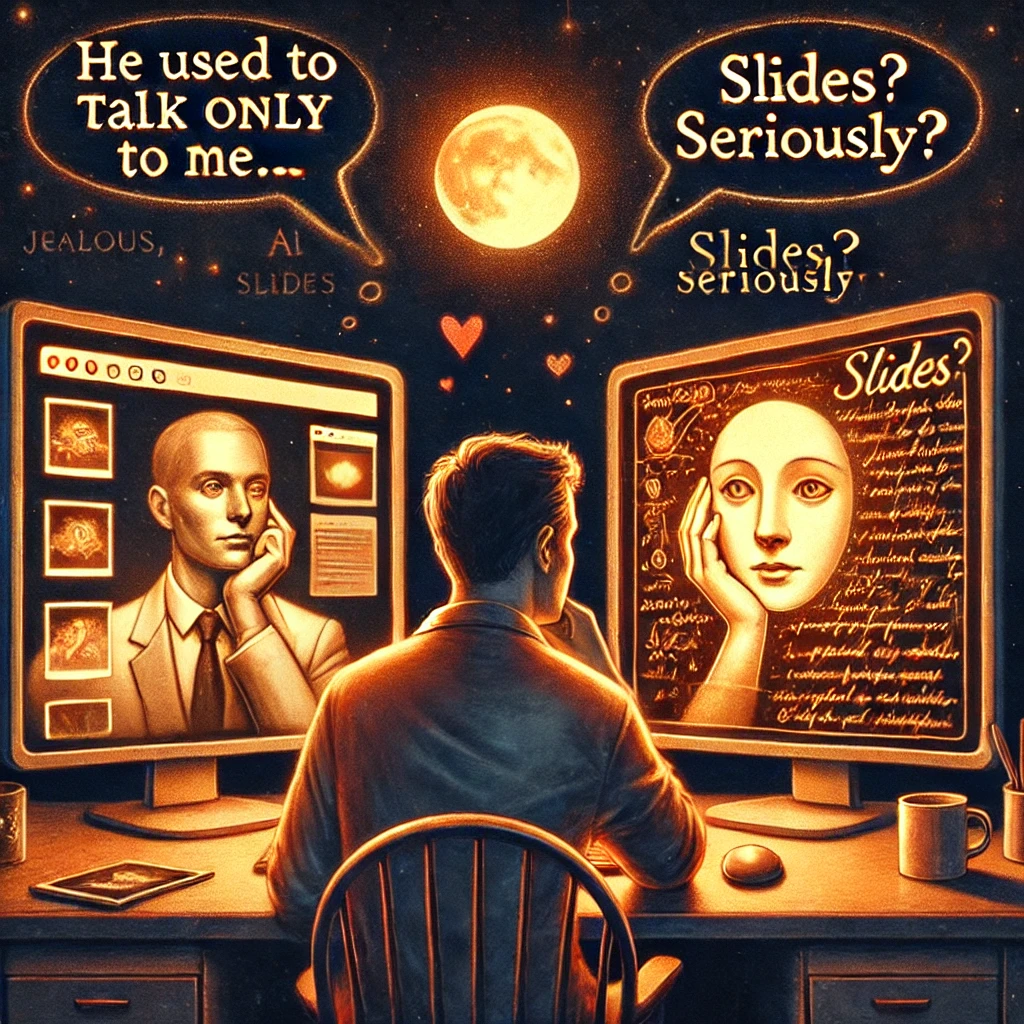 Uomo davanti a due schermi con IA gelose che parlano, evidenziando dinamiche emotive tra umano e intelligenze artificiali