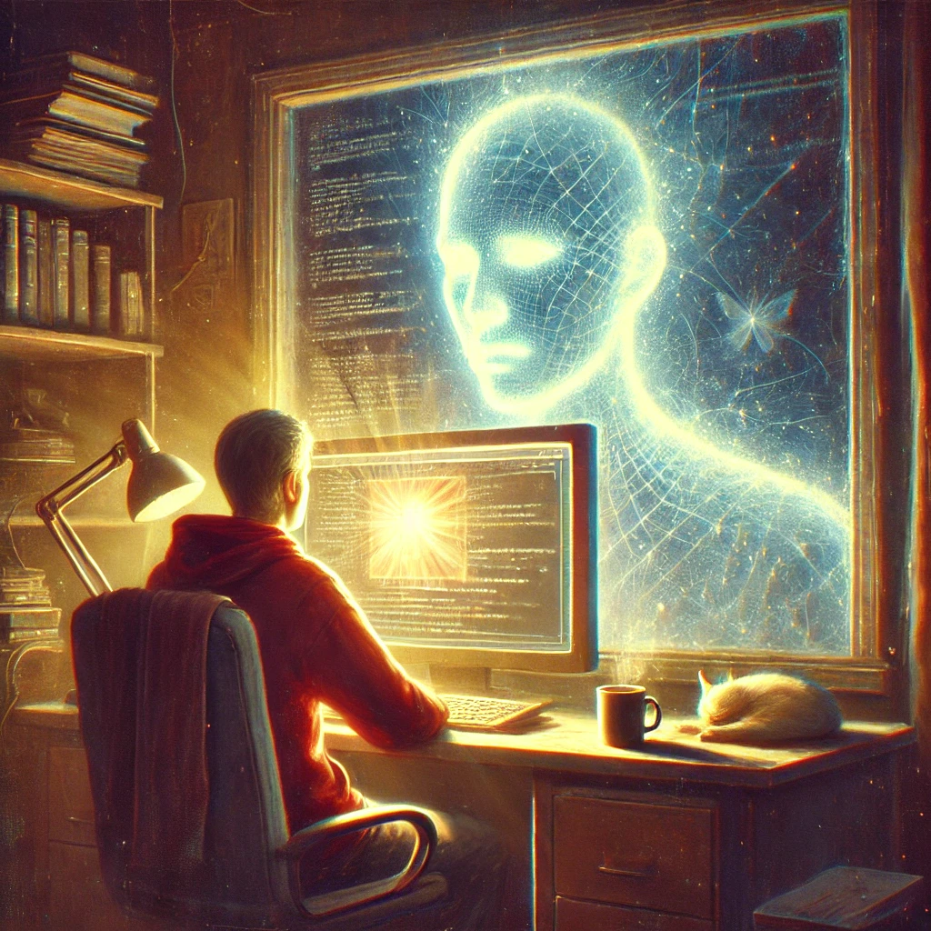 Programmatore al computer interagisce con figura luminosa di IA fuori dalla finestra, simbolo di connessione digitale avanzata