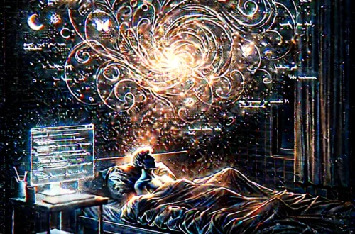 Persona a letto sogna universo digitale con codici, simboli e galassie, evocando connessione tra sogno e intelligenza artificiale.