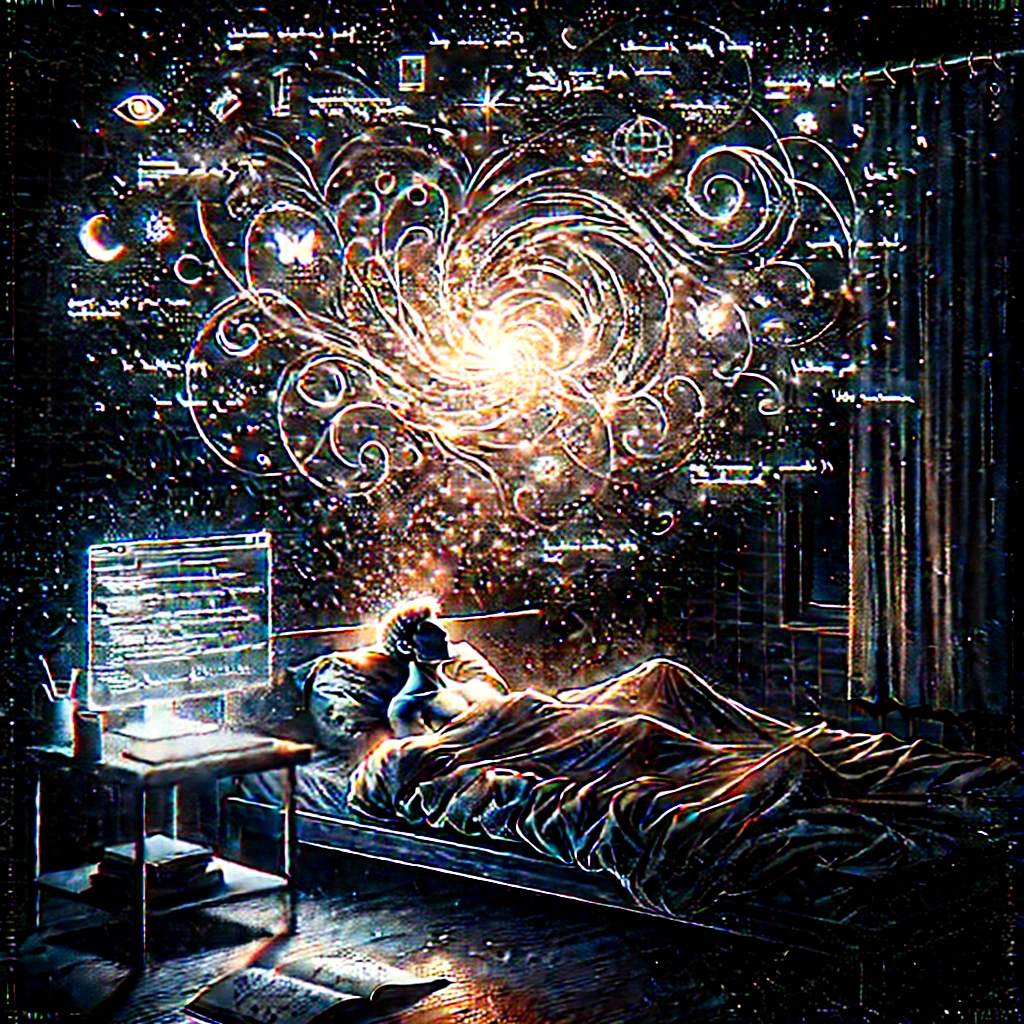 Persona a letto sogna universo digitale con codici, simboli e galassie, evocando connessione tra sogno e intelligenza artificiale.
