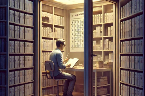 Uomo studia caratteri orientali in una cabina piena di libri e archivi, simbolo di conoscenza e digitalizzazione culturale