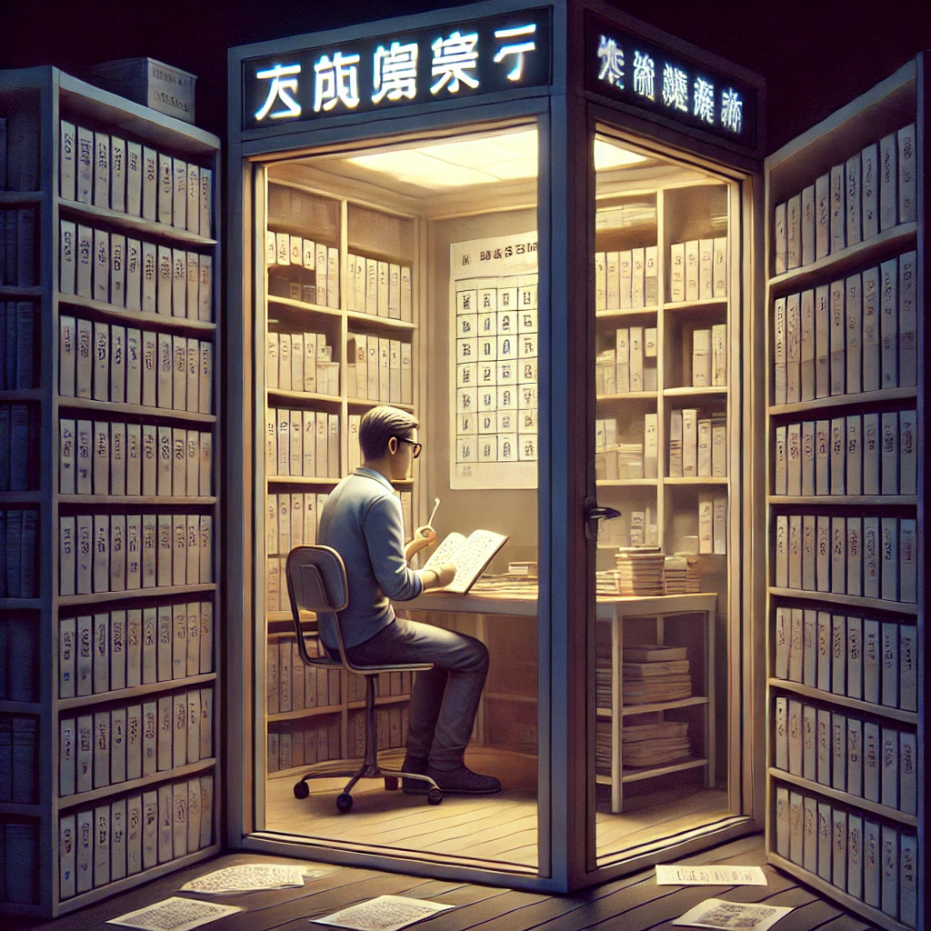 Uomo studia caratteri orientali in una cabina piena di libri e archivi, simbolo di conoscenza e digitalizzazione culturale