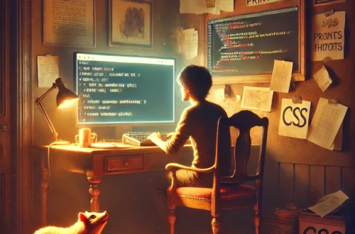 Sviluppatore lavora al computer su codice CSS in una stanza con luci calde e un maialino curioso