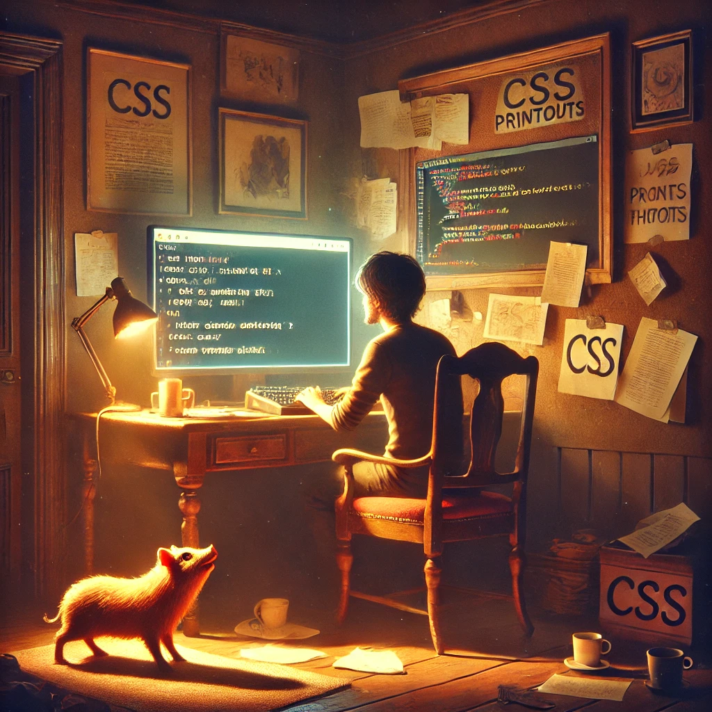 Sviluppatore lavora al computer su codice CSS in una stanza con luci calde e un maialino curioso