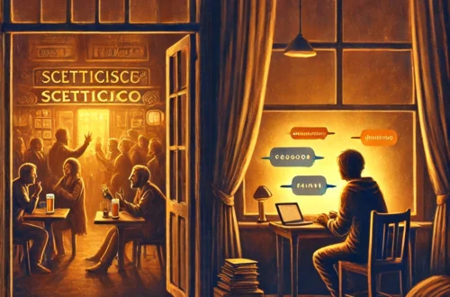 Scrittore lavora di notte al computer vicino a una finestra, bar affollato sullo sfondo