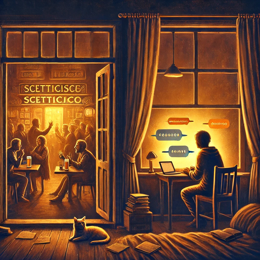 Scrittore lavora di notte al computer vicino a una finestra, bar affollato sullo sfondo