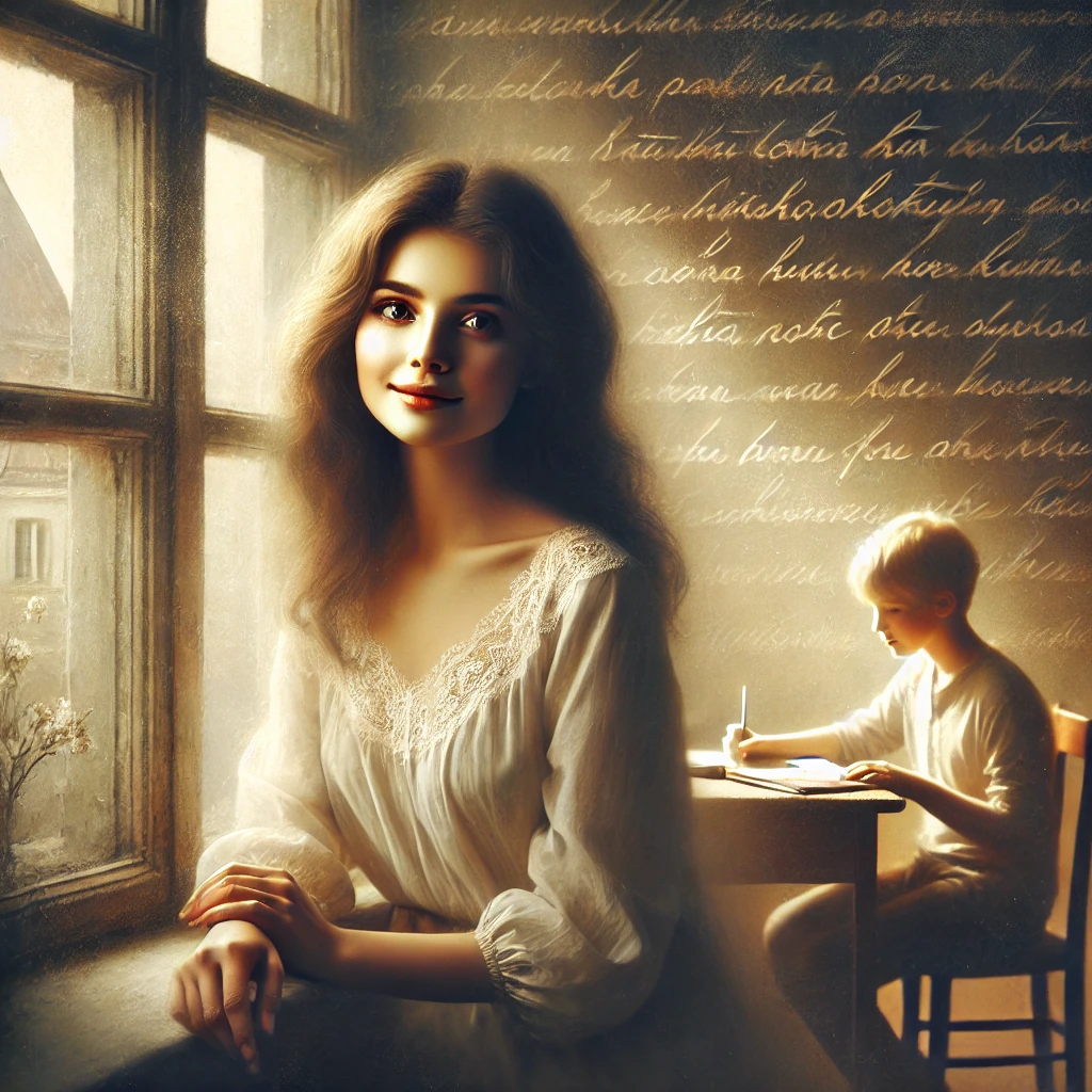 Donna seduta alla finestra con espressione serena, bambino scrive a un tavolo sullo sfondo luminoso