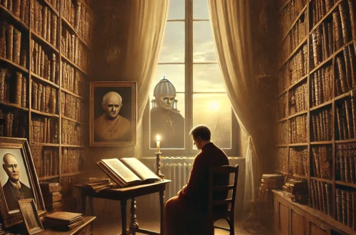 Monaco legge in una biblioteca antica, circondato da ritratti e libri, luce del tramonto alla finestra