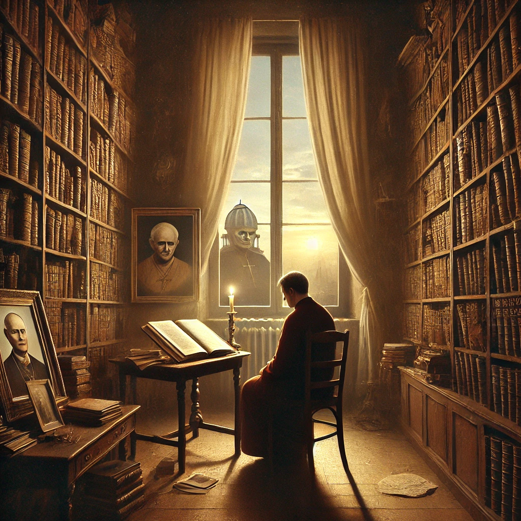 Monaco legge in una biblioteca antica, circondato da ritratti e libri, luce del tramonto alla finestra