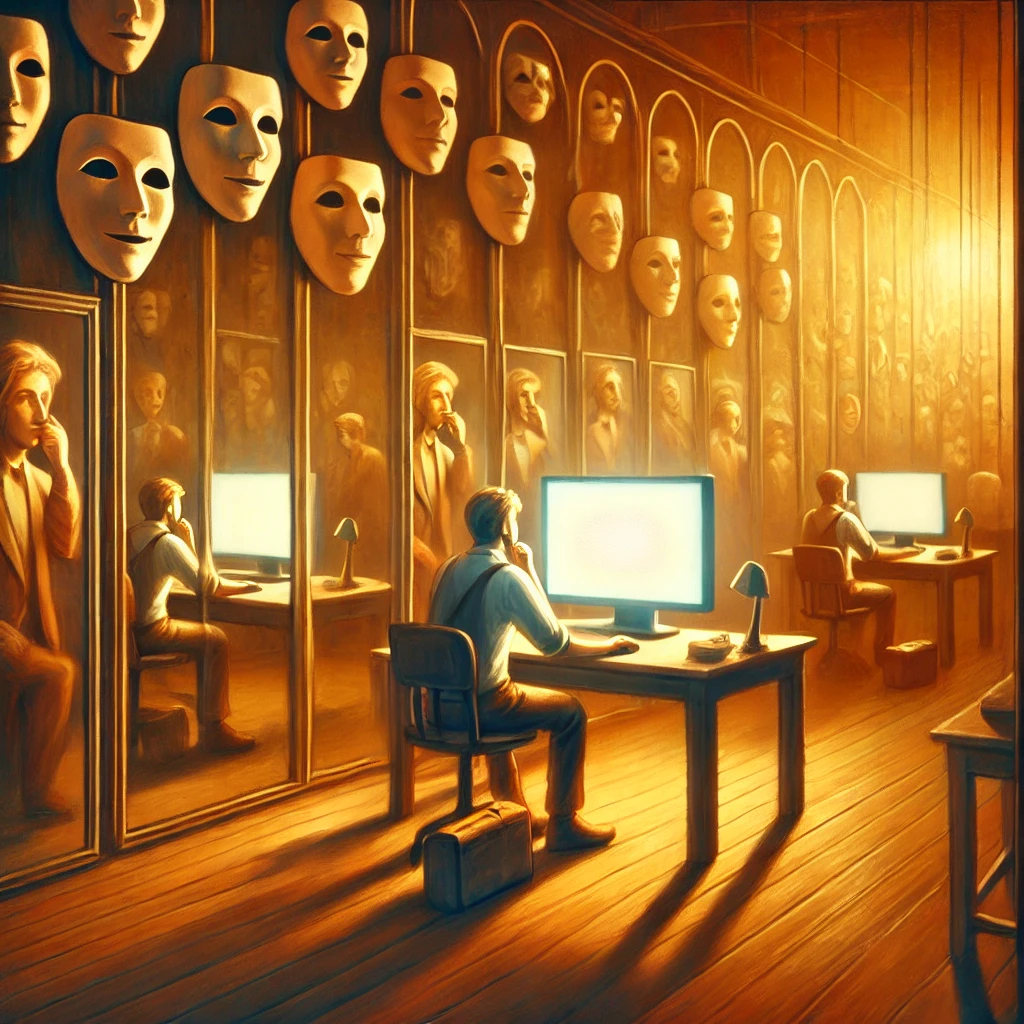 Uomo al computer in stanza con pareti piene di maschere e specchi, atmosfera surreale e misteriosa.