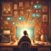 Persona davanti al computer con icone social fluttuanti, circondata da ritratti e oggetti vintage