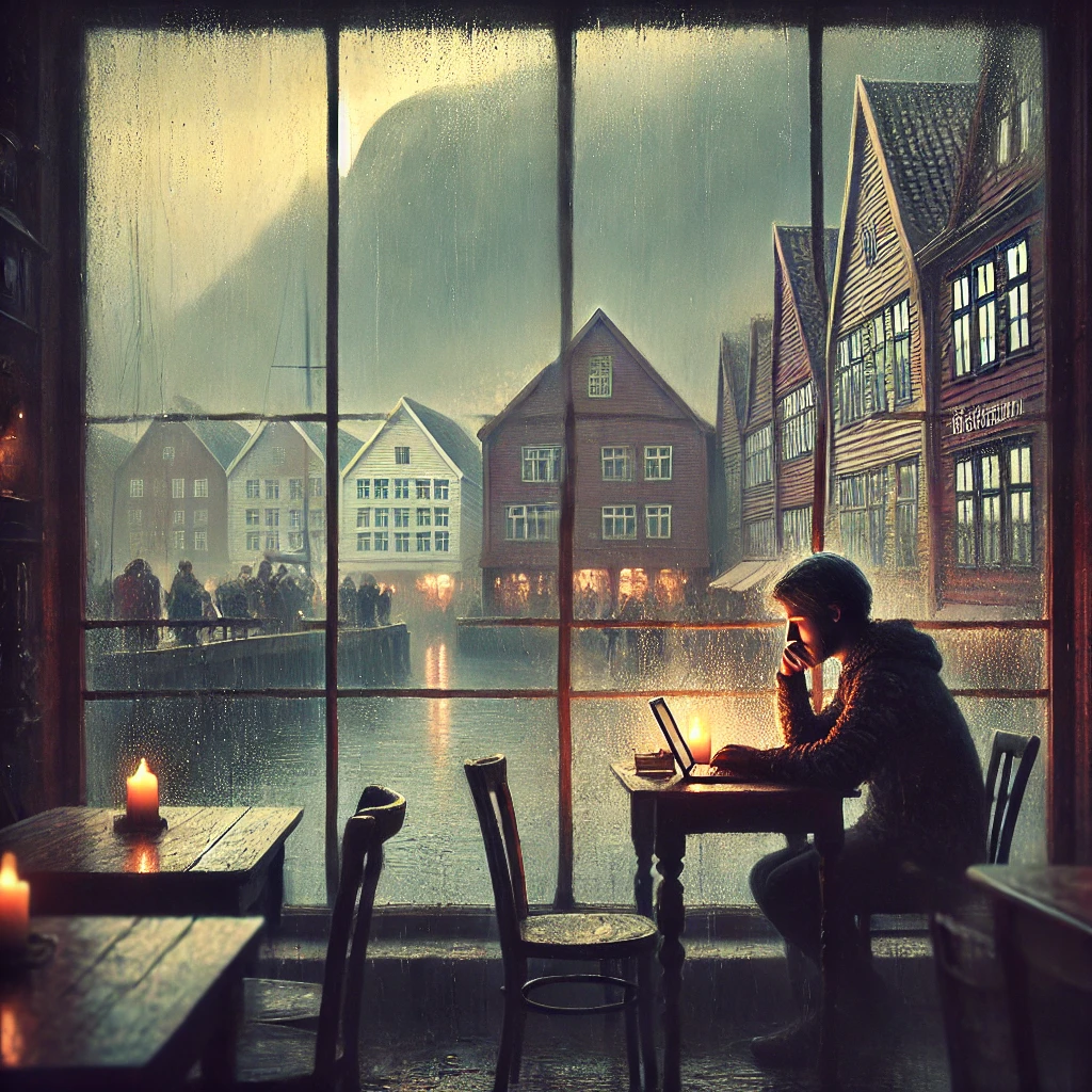 Persona lavora al portatile in un caffè accogliente con vista su case nordiche e pioggia sul vetro
