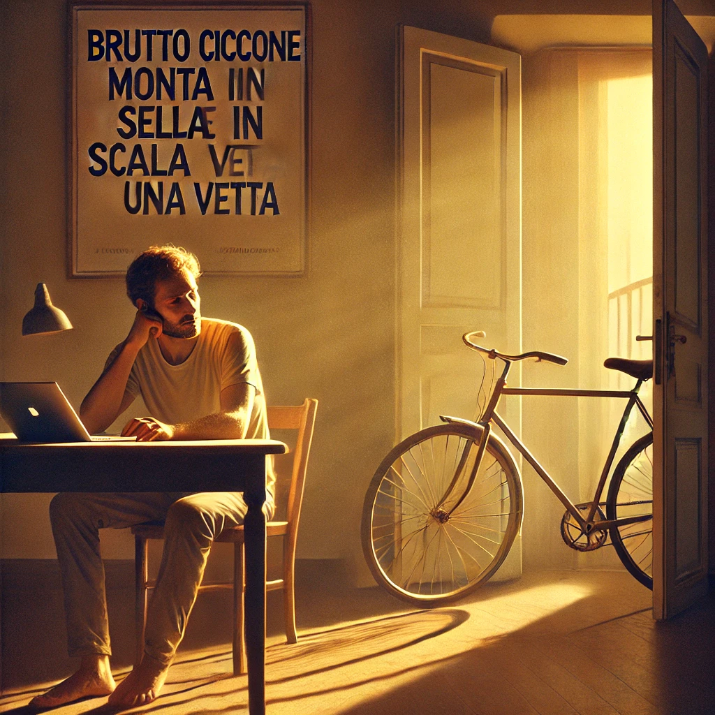 Uomo seduto al computer in una stanza luminosa con bicicletta e poster motivazionale a muro.