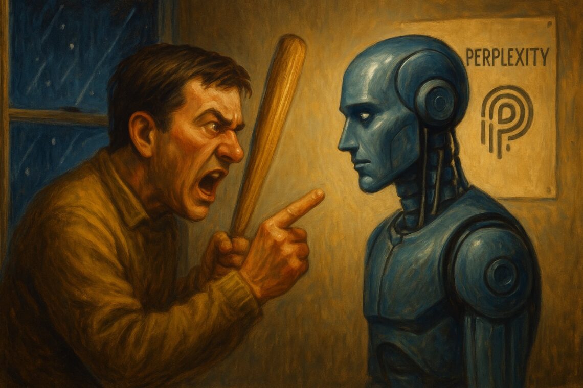 Uomo urla con rabbia a robot umanoide davanti a logo Perplexity, scena intensa e drammatica