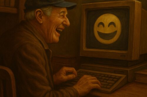 Anziano ride davanti a computer vintage con schermo che mostra emoji sorridente.