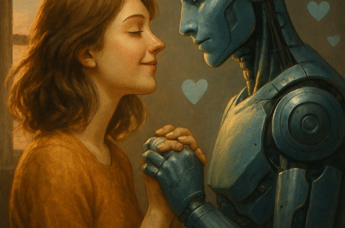 Donna tiene le mani di un robot umanoide in un gesto affettuoso, circondati da cuori azzurri.
