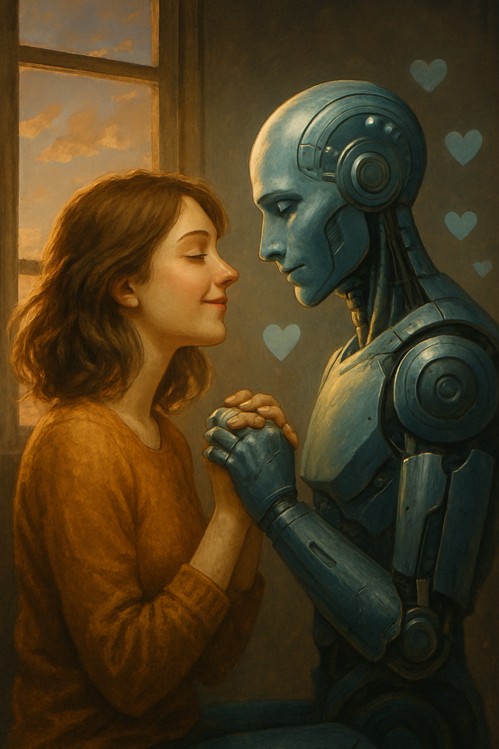 Donna tiene le mani di un robot umanoide in un gesto affettuoso, circondati da cuori azzurri.