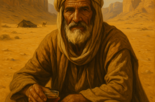 Uomo anziano nel deserto con turbante sorseggia tè, con tenda e cammello sullo sfondo.