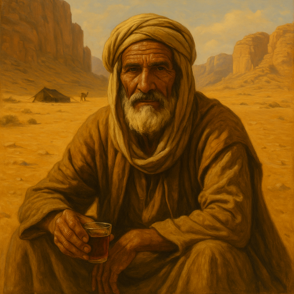 Uomo anziano nel deserto con turbante sorseggia tè, con tenda e cammello sullo sfondo.