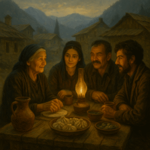 Famiglia riunita a cena in villaggio montano, illuminata da lampada a olio con cibo tradizionale.