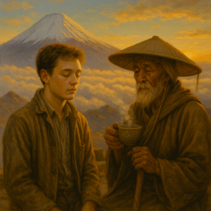 Giovane e saggio anziano meditando insieme davanti al Monte Fuji al tramonto.