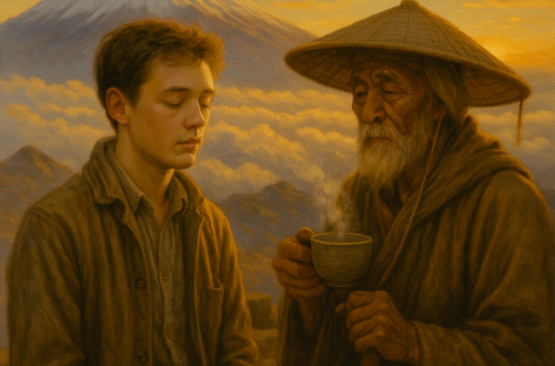 Giovane e saggio anziano meditando insieme davanti al Monte Fuji al tramonto.