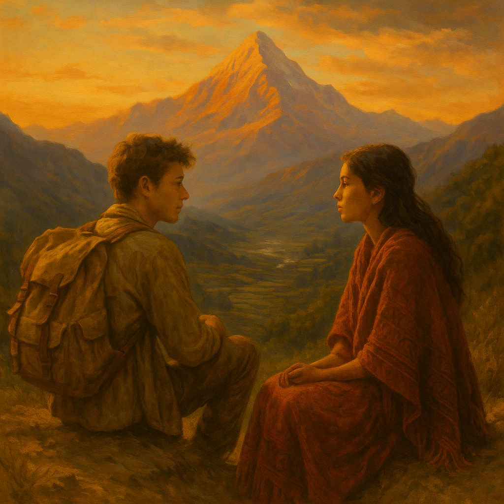 Giovane viaggiatore e donna si incontrano al tramonto tra le montagne, immersi nel silenzio.