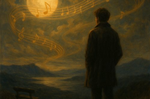 Uomo osserva note musicali fluttuare verso una luna piena in un paesaggio notturno sognante.
