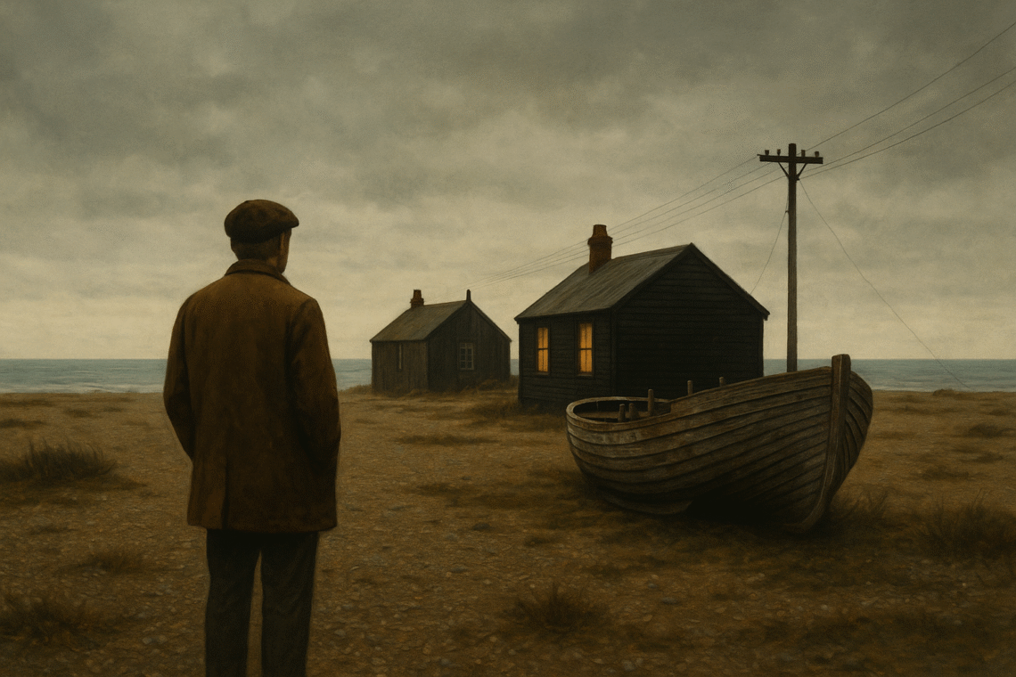 Uomo osserva due cabine e barca abbandonata su spiaggia deserta con cielo nuvoloso