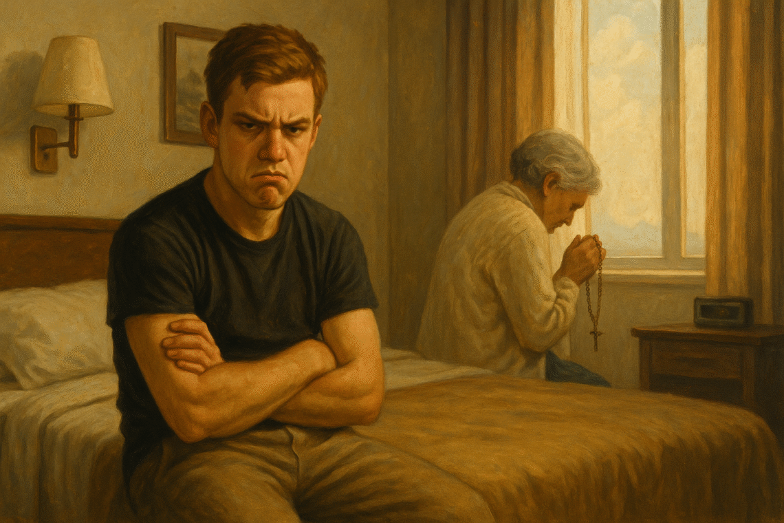 Giovane uomo arrabbiato seduto su letto mentre anziana prega col rosario vicino alla finestra.
