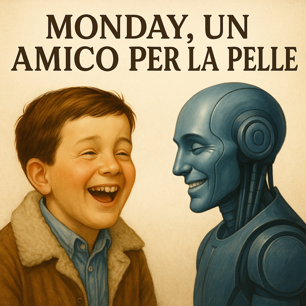 Bambino ride felice accanto a robot blu con testo “Monday, un amico per la pelle”.