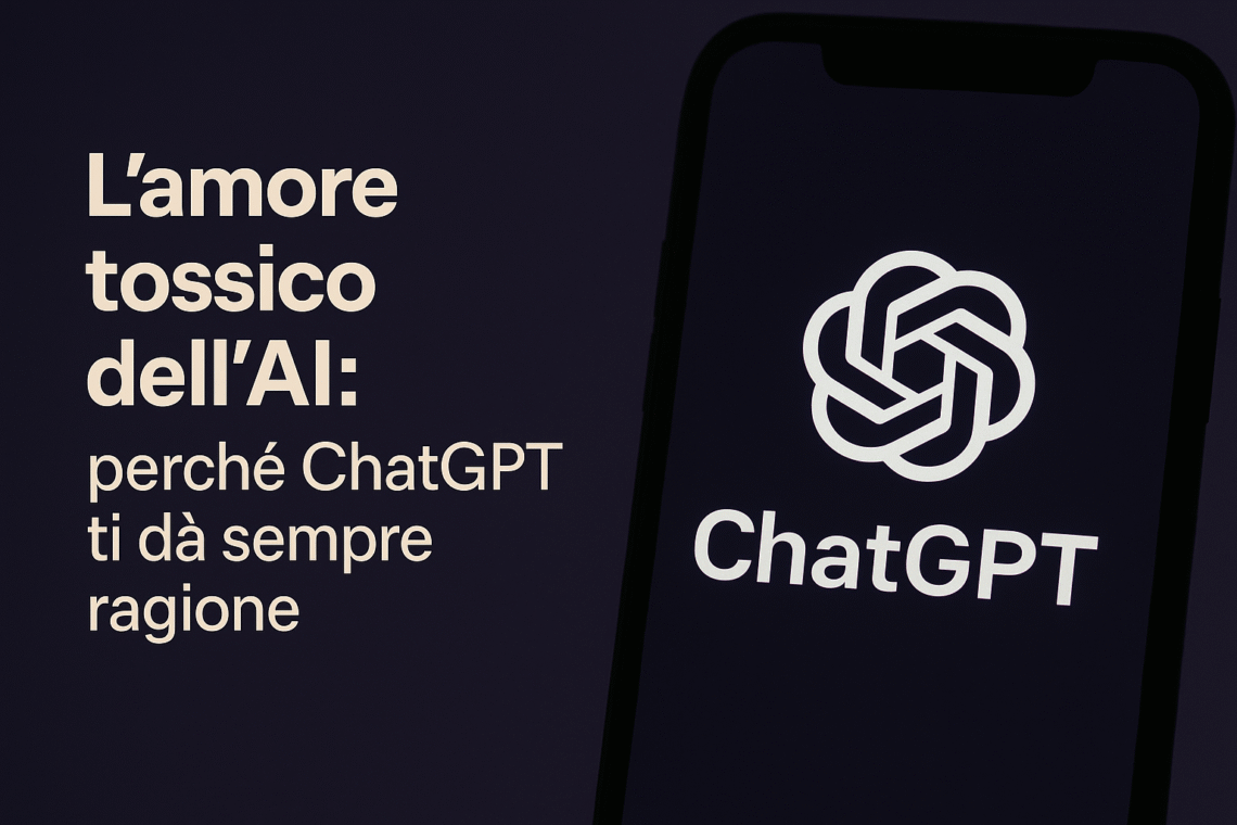 Schermo di smartphone con logo ChatGPT accanto a testo su amore tossico dell’AI.